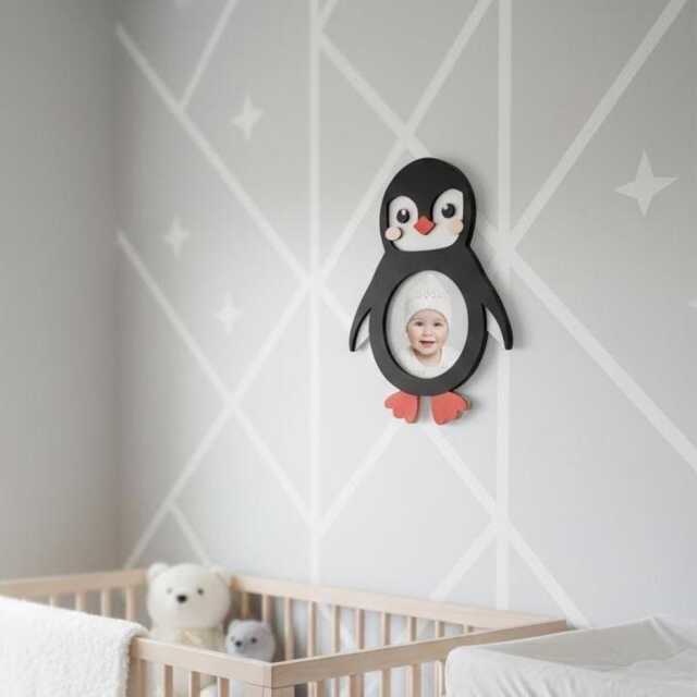 Penguin Photo Frame, Arctic Nursery Decor, Baby's First Year Picture Hand-Painted Kids Room Wall Art, Gift For Baby Shower - image 1