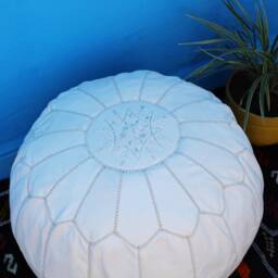 Handmade White Leather Moroccan Pouf Ottoman Boho Floor Cushion - thumbnail 3