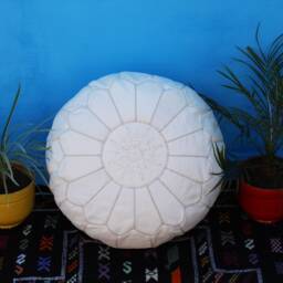 Handmade White Leather Moroccan Pouf Ottoman Boho Floor Cushion - thumbnail 2