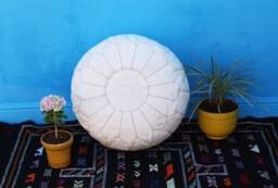Handmade White Leather Moroccan Pouf Ottoman Boho Floor Cushion - thumbnail 1