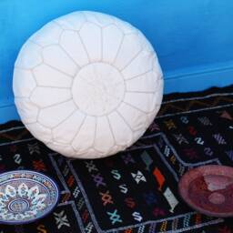 Handmade White Leather Moroccan Pouf Ottoman Boho Floor Cushion - thumbnail 4