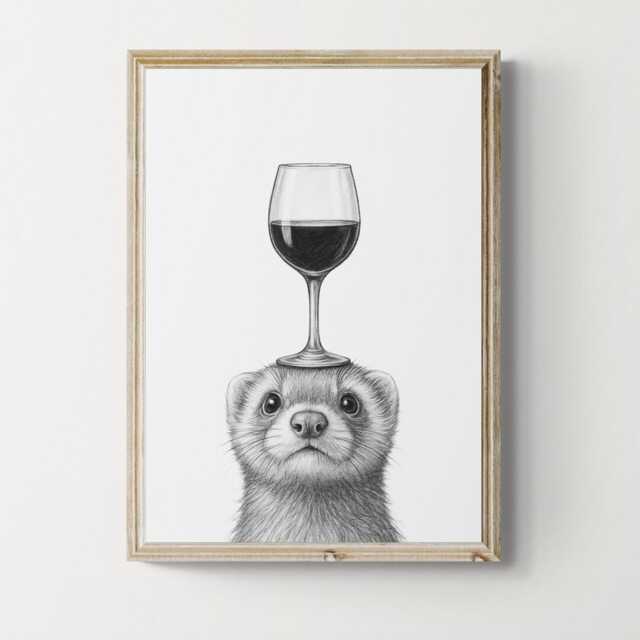Ferret Art Print, Funny Animal & Wine Drawing, Lover Wall Decor, Lovers Gifts - image 1