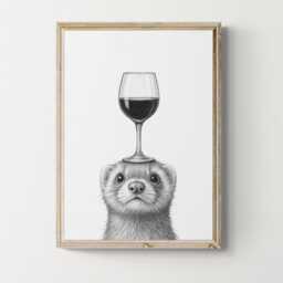 Ferret Art Print, Funny Animal & Wine Drawing, Lover Wall Decor, Lovers Gifts - thumbnail 1