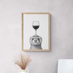 Ferret Art Print, Funny Animal & Wine Drawing, Lover Wall Decor, Lovers Gifts - thumbnail 2