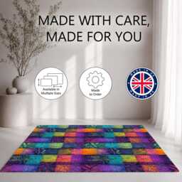 Purple Teal Patchwork Botanical Quilt Pattern Rug Non-Slip Soft Area Carpet Bedroom Living Room Hallway Mat Decor - Made in UK - thumbnail 2
