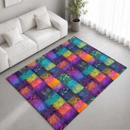 Purple Teal Patchwork Botanical Quilt Pattern Rug Non-Slip Soft Area Carpet Bedroom Living Room Hallway Mat Decor - Made in UK