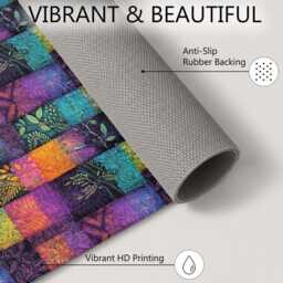 Purple Teal Patchwork Botanical Quilt Pattern Rug Non-Slip Soft Area Carpet Bedroom Living Room Hallway Mat Decor - Made in UK - thumbnail 4