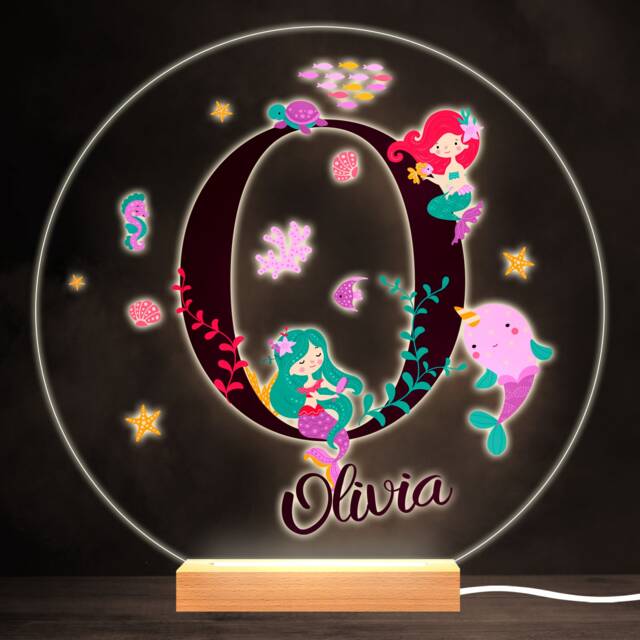 Sealife With Mermaids Alphabet Letter O Round Personalised Gift Lamp Night Light - Bedroom - image 1