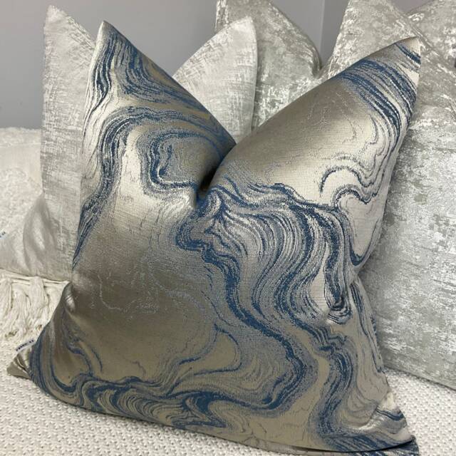 Marble Cushion Cover Denim Blue Taupe Pillow Cover, Designer For Sofa Bed Interior Decor Luxury Cecilia Fabric, Double Sided - image 1