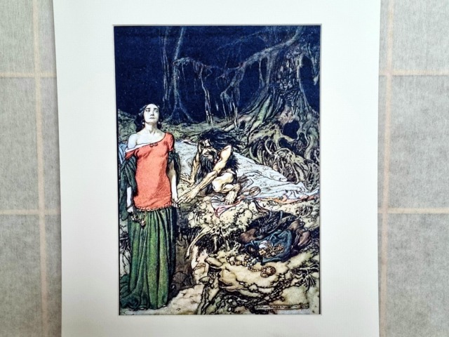 Arthur Rackham Siegfried & Fafnir Scene, Wagner Ring Cycle Opera Artwork, Archival Matted Reproduction, Mounted Art Print Illustration - image 1