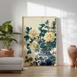 Blue & White Vase Peony Print, Chinese Floral Wall Art, Vintage Botanical Poster, Elegant Ming Dynasty Style Artwork - thumbnail 2