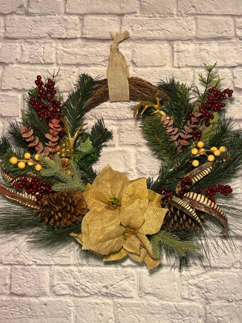 Deer Antler Christmas Wreath Handmade Burlap Flowers, Pine Cones - image 1
