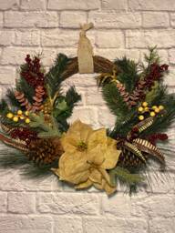 Deer Antler Christmas Wreath Handmade Burlap Flowers, Pine Cones - thumbnail 1