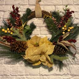Deer Antler Christmas Wreath Handmade Burlap Flowers, Pine Cones - thumbnail 3
