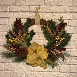Deer Antler Christmas Wreath Handmade Burlap Flowers, Pine Cones - thumbnail 2