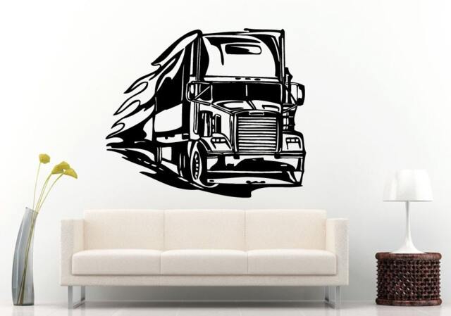 Semi Truck Heavy Duty Eighteen 18 Wheeler in Flames On Fire The High Way Interstate Road Wall Decal Vinyl Sticker Mural Room Decor L823 - image 1