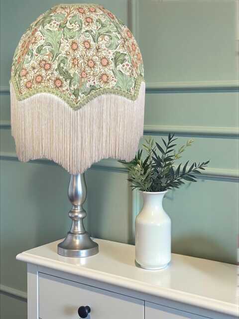 Handcrafted William Morris Sage Orchid Fabric Dome Lampshade British Made, - Cream Fringe - image 1
