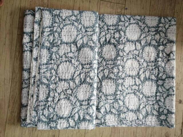 Kantha Quilt, Gray Quilt, Indian Kantha, Queen Size Throw, Decoratives Bedding Bedcover, Bedspread, Block Print - image 1