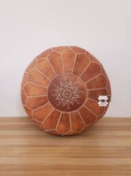 Pair X 2 Pouf Moroccan Leather Pouf, Round Berber Pouf De Cuir, Tan Ottoman