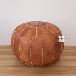 Pair X 2 Pouf Moroccan Leather Pouf, Round Berber Pouf De Cuir, Tan Ottoman - thumbnail 2
