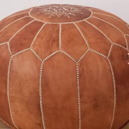 Pair X 2 Pouf Moroccan Leather Pouf, Round Berber Pouf De Cuir, Tan Ottoman - thumbnail 3