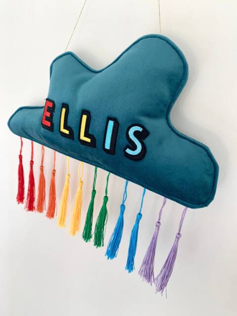 Embroidered Name Velvet Cloud Wall Hanging Rainbow Tassel Decor - image 1