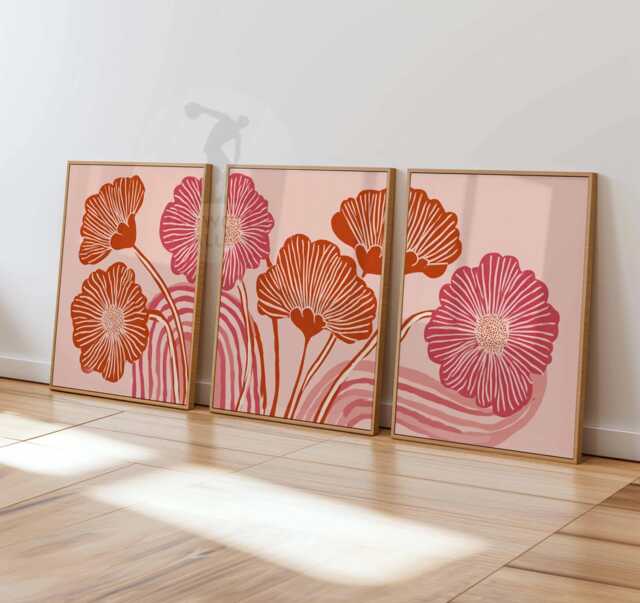 Abstract Floral Art Print Set, Retro Botanical Wall Art, Pink & Red Flower Poster, Modern Minimalist Decor, Scandinavian Style Prints - image 1