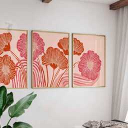 Abstract Floral Art Print Set, Retro Botanical Wall Art, Pink & Red Flower Poster, Modern Minimalist Decor, Scandinavian Style Prints - thumbnail 3