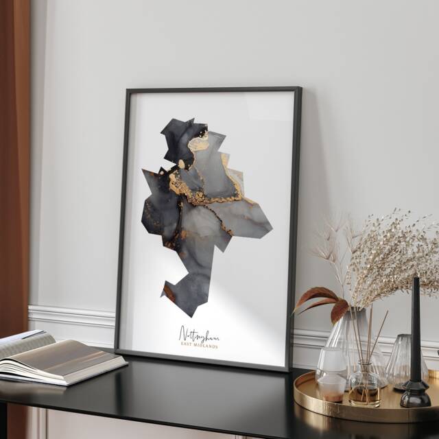 Nottingham Map Black & Gold Wall Art Print - East Midlands England United Kingdom Great Britain - image 1
