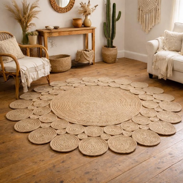 Round Jute Rug - Medium Handmade Crocheted Boho Natural Fiber Living Room & Bedroom Custom Size - image 1
