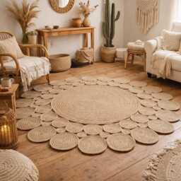 Round Jute Rug - Medium Handmade Crocheted Boho Natural Fiber Living Room & Bedroom Custom Size - thumbnail 3