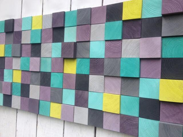 Modern Reclaimed Wood Wall Art Sculpture - Purple, Gray, Turquoise Mosaic - image 1