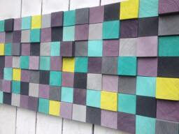 Modern Reclaimed Wood Wall Art Sculpture - Purple, Gray, Turquoise Mosaic - thumbnail 1