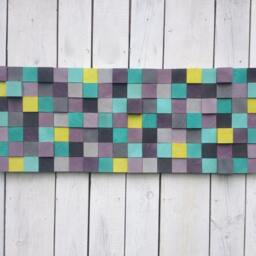 Modern Reclaimed Wood Wall Art Sculpture - Purple, Gray, Turquoise Mosaic - thumbnail 3