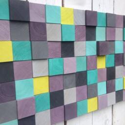 Modern Reclaimed Wood Wall Art Sculpture - Purple, Gray, Turquoise Mosaic - thumbnail 4