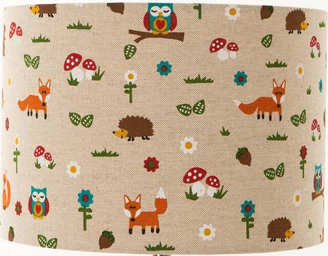 Woodland Animals Drum Lampshade, Fox, Owl, Hedgehog, Handmade in UK - image 1