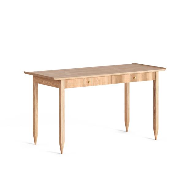 Mid Century Modern Oak Desk With Slatted Drawers, Brass Handles - image 1