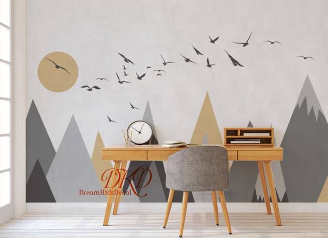 Mountain Wall Decals, Nursery Decor, Kids Room, Sun & Birds - image 1