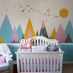 Mountain Wall Decals, Nursery Decor, Kids Room, Sun & Birds - thumbnail 2