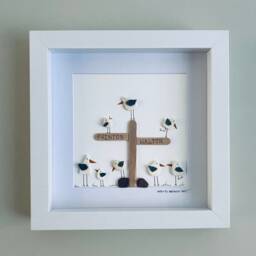 Cornish Seagull Wall Art Personalised Custom Gift Framed Pebble Picture Handmade in Cornwall - thumbnail 2