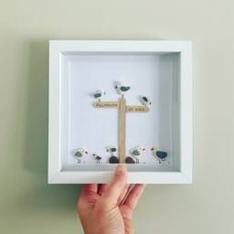 Cornish Seagull Wall Art Personalised Custom Gift Framed Pebble Picture Handmade in Cornwall - thumbnail 3
