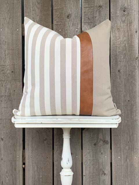 Modern Farmhouse Wide Striped Pillow Cover W/Faux Leather Accent - Woven Stripe Cream Backing Choose Your Color - image 1