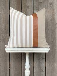 Modern Farmhouse Wide Striped Pillow Cover W/Faux Leather Accent - Woven Stripe Cream Backing Choose Your Color