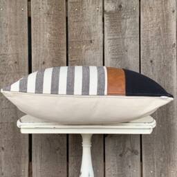Modern Farmhouse Wide Striped Pillow Cover W/Faux Leather Accent - Woven Stripe Cream Backing Choose Your Color - thumbnail 4