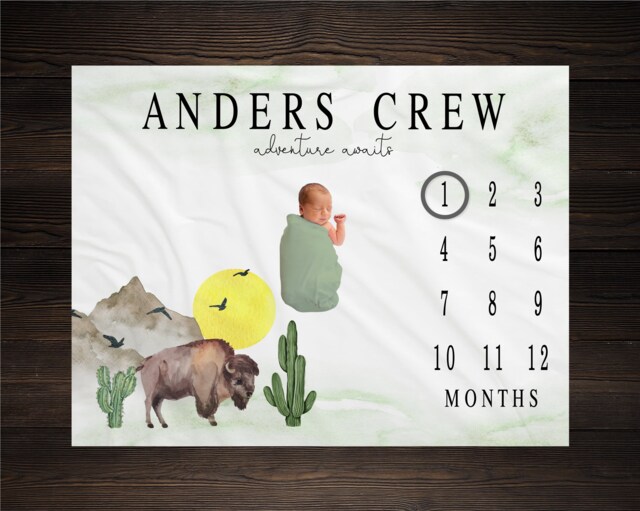 Buffalo Milestone Blanket Personalized Monthly Growth Tracker Custom Baby Shower Gift Newborn Bison Nursery Desert Decor - image 1