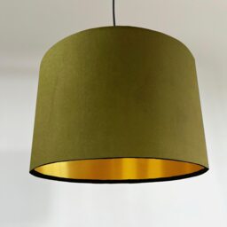 Olive Green Velvet Drum Lampshade/ Ceiling Shade With A Metallic Gold Lining, Bright Brushed Lining - thumbnail 1