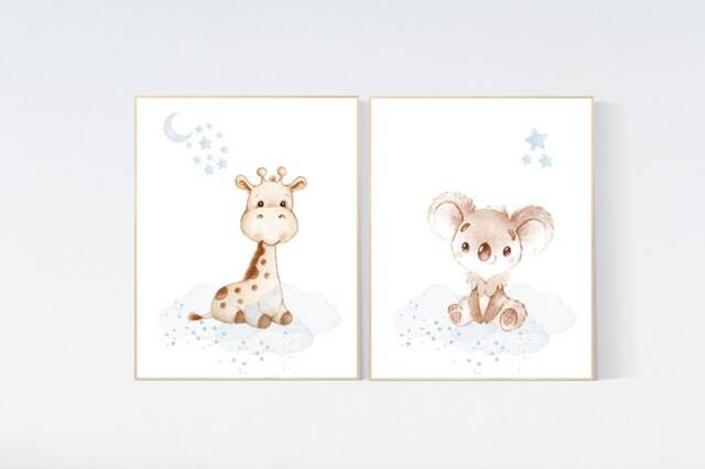 Koala & Giraffe Nursery Print Blue Gray Baby Room Wall Art - image 1