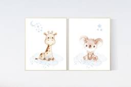 Koala & Giraffe Nursery Print Blue Gray Baby Room Wall Art - thumbnail 1