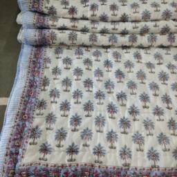 Indian Block Printed Cotton Quilt Hand Quilted Kantha Bed Cover - thumbnail 2