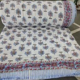 Indian Block Printed Cotton Quilt Hand Quilted Kantha Bed Cover - thumbnail 3